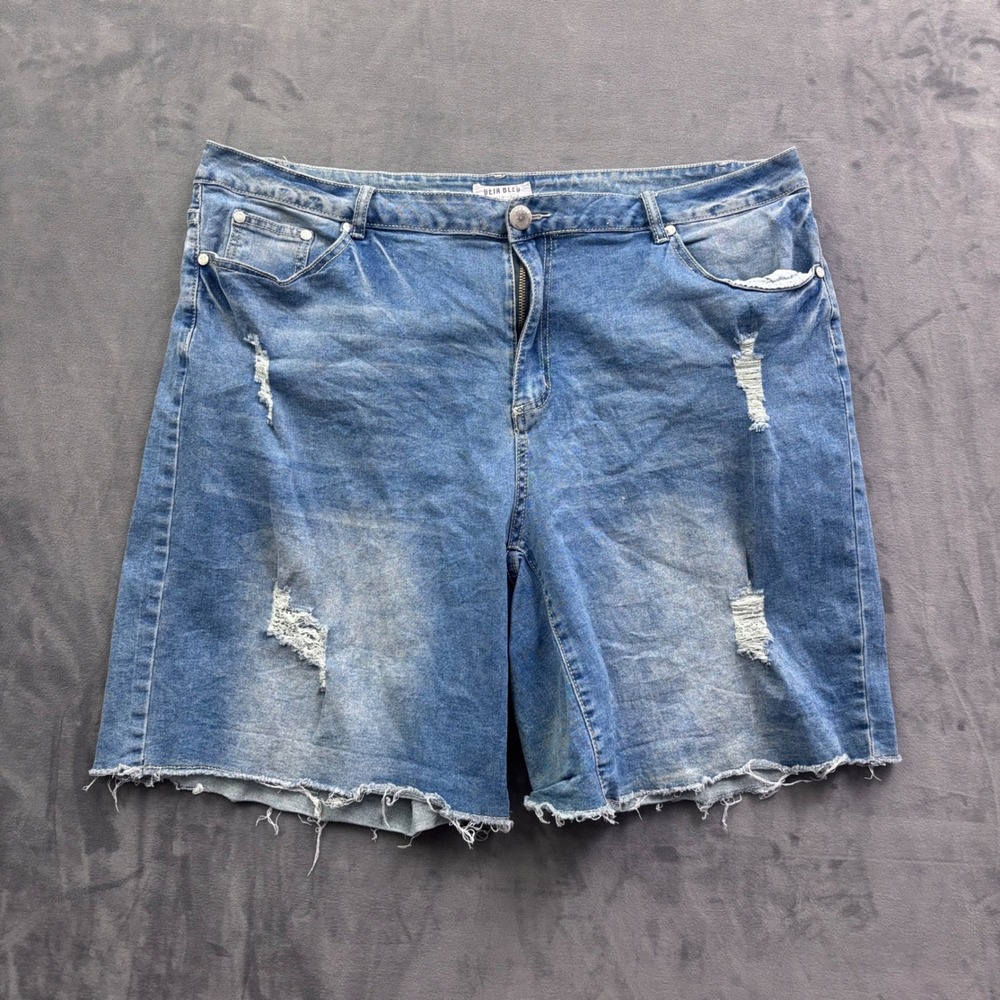 Deja Bleu Premium Distressed Denim Shorts Blue Raw Hem Size 22 High Rise Ripped